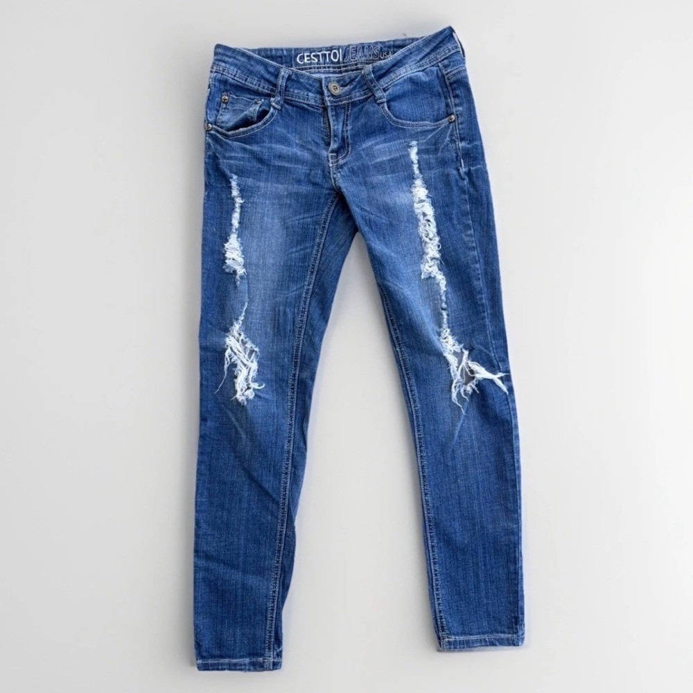 Womens Size 5 Cest Toi Jeans Distressed Skinny Blue Denim Low Rise Y2K Ripped